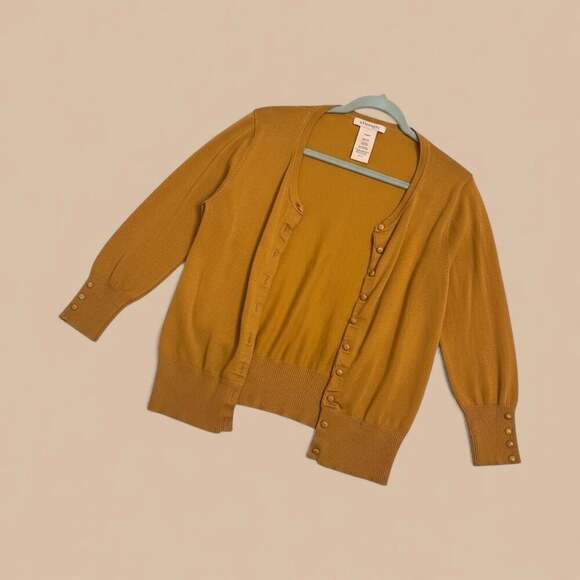 Philosophy Mustard Yellow 3/4 Sleeve Cardigan Sweater XL Button Front - Picture 1 of 1